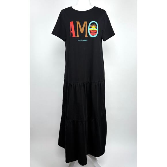 Farm Rio for Anthropologie Tiered T-Shirt Amo Maxi Dress Size Medium Black - Picture 4 of 14